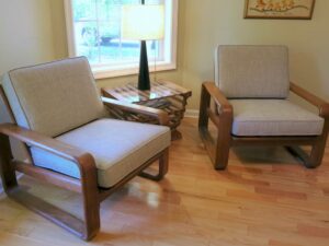 Matching teak chairs with Pirelli rubber webbing seat support and loose cushions. All new 2.6 high density foam and bonded dacron padding. Cushions fabricated by Cape Cod Upholstery Shop | Located in South Dennis, MA 02660