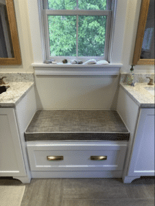 Bathroom bench cushion. Customer supplied indoor-outdoor fabric. New 4" 2.6 high density foam. Cushions fabricated by Cape Cod Upholstery Shop | Located in South Dennis, MA 02660