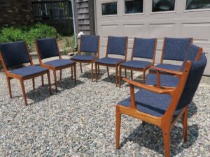 Johannes Anderson Uldum Mobelfabrik chairs model # 7171 Uldum. Made in Denmark. Upholstered in a United Fabrics rich blue Crypton performance fabric. All new 2.6 high density foam. Upholstered by Cape Cod Upholstery Shop | Located in South Dennis, MA 02660