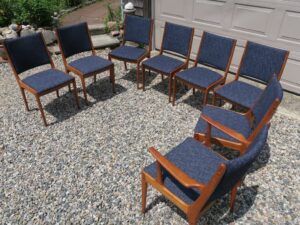 Johannes Anderson Uldum Mobelfabrik chairs model # 7171 Uldum. Made in Denmark. Upholstered in a United Fabrics rich blue Crypton performance fabric. All new 2.6 high density foam. Upholstered by Cape Cod Upholstery Shop | Located in South Dennis, MA 02660