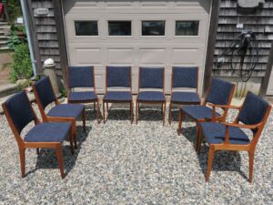 Johannes Anderson Uldum Mobelfabrik chairs model # 7171 Uldum. Made in Denmark. Upholstered in a United Fabrics rich blue Crypton performance fabric. All new 2.6 high density foam. Upholstered by Cape Cod Upholstery Shop | Located in South Dennis, MA 02660