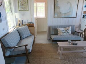 Baumritter Mid Century Modern Teak two piece sectional sofa. Loose cushions fabricated using a Revolution Fabric and all new 2.6 high density foam & dacron. Cushions fabricated by Cape Cod Upholstery Shop | Located in South Dennis, MA 02660