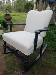 Vintage circa 1930s-1940s rocking chair. Upholstered in an off-white herringbone stripe with a Crypton finish distributed by Greenhouse Fabrics. Upholstered by Cape Cod Upholstery Shop | Located in South Dennis, MA 02660