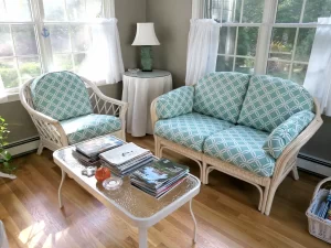 Rattan Chair & Sofa. Cushions fabricated using a polyester geometrical print. Cushions fabricated by Cape Cod Upholstery Shop | Located in South Dennis, MA 02660