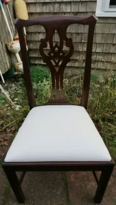 Henkel Harris Chair, one of a set of eight. Upholstered in a Greenhouse Fabrics white performance fabric. Upholstered by Cape Cod Upholstery Shop | Located in South Dennis, MA 02660