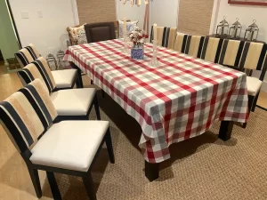 Upholstered dining room chairs with cloth backs and United Fabrics Yosemite vinyl seats. Upholstered by Cape Cod Upholstery Shop | Located in South Dennis, MA 02660