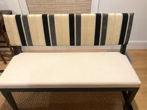 Upholstered dining room bench seat with cloth back and United Fabrics Yosemite vinyl seats. Upholstered by Cape Cod Upholstery Shop | Located in South Dennis, MA 02660