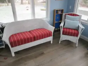 Wicker loveseat & chair. Cushions fabricated by Cape Cod Upholstery Shop - Located in South Dennis, MA 02660