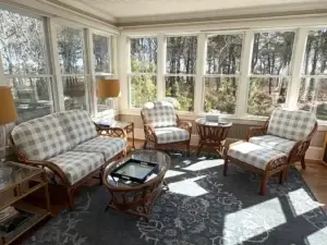 Sunroom Rattan Furniture cushions. Cushions fabricated by Joe Gramm of Cape Cod Upholstery Shop | South Dennis, MA 02660