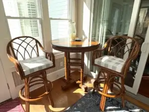 Sunroom bar stool cushions. Cushions fabricated by Joe Gramm of Cape Cod Upholstery Shop | South Dennis, MA 02660