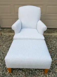 Scandinavian Chair and matching ottoman. Upholstered by Joe Gramm of Cape Cod Upholstery Shop - South Dennis, MA 02660