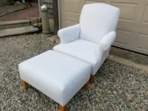 Scandinavian Chair and matching ottoman. Upholstered by Joe Gramm of Cape Cod Upholstery Shop - South Dennis, MA 02660