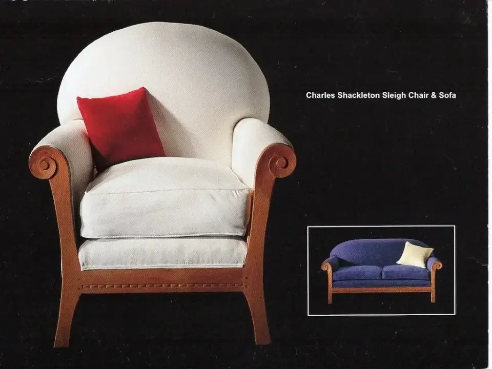 Charles Shackleton sleigh chair and sofa. Upholstered by Joe Gramm of Cape Cod Upholstery Shop - South Dennis, MA 02660
