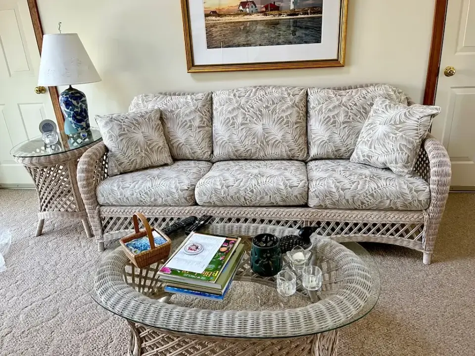 Henry Link Wicker Sofa cushions. Cushions fabricated by Joe Gramm of Cape Cod Upholstery Shop | South Dennis, MA 02660