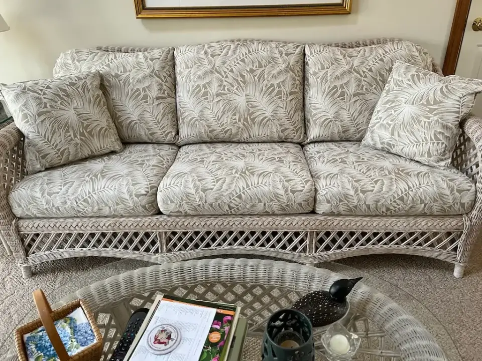 Henry Link Wicker Sofa cushions. Cushions fabricated by Joe Gramm of Cape Cod Upholstery Shop | South Dennis, MA 02660