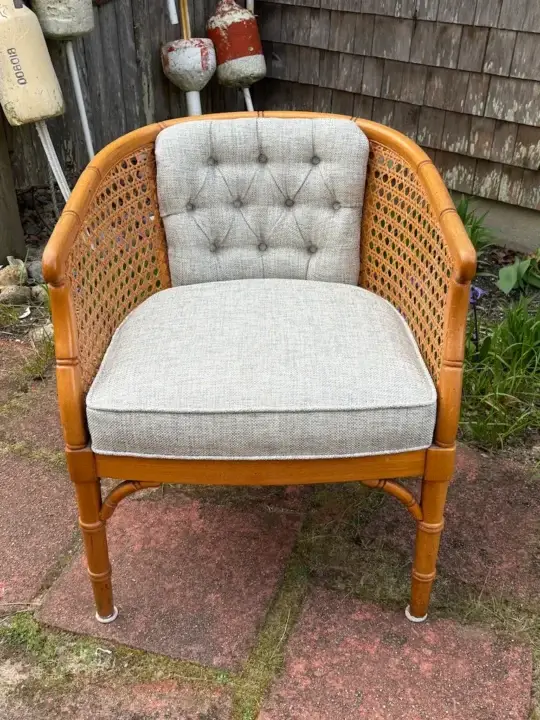 Vintage faux bamboo & cane tufted French style chair. Upholstered by Joe Gramm of Cape Cod Upholstery Shop - South Dennis, MA 02660
