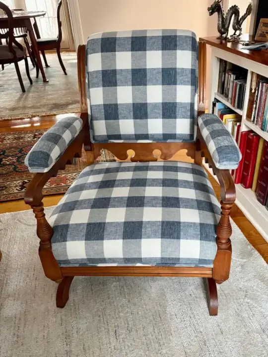Antique Platform Rocking Chair. Upholstered by Joe Gramm of Cape Cod Upholstery Shop - South Dennis, MA 02660