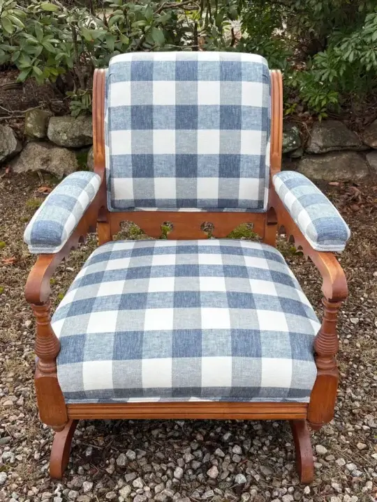 Antique Platform Rocking Chair. Upholstered by Joe Gramm of Cape Cod Upholstery Shop - South Dennis, MA 02660