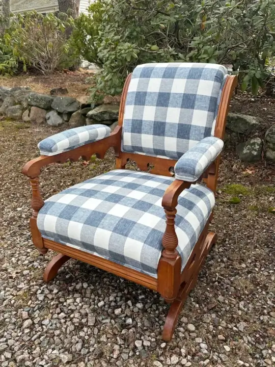 Antique Platform Rocking Chair. Upholstered by Joe Gramm of Cape Cod Upholstery Shop - South Dennis, MA 02660