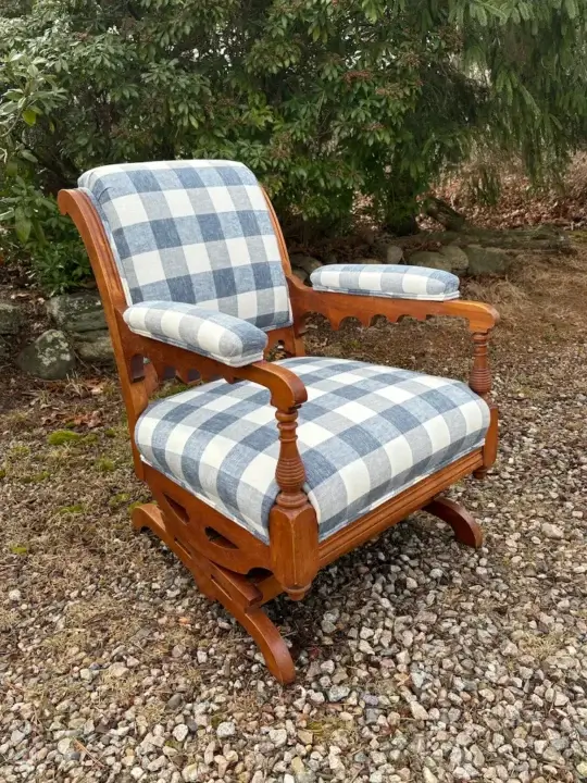 Antique Platform Rocking Chair. Upholstered by Joe Gramm of Cape Cod Upholstery Shop - South Dennis, MA 02660
