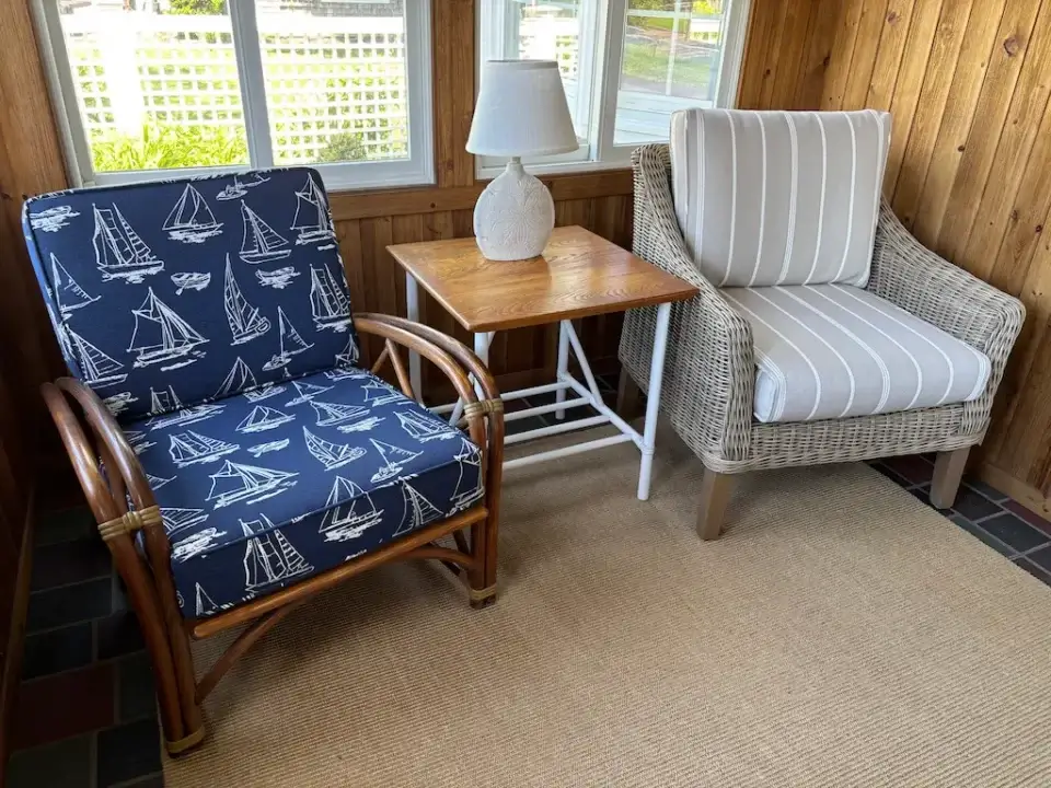 Rattan & wicker chair cushions. Cushions fabricated by Joe Gramm of Cape Cod Upholstery Shop | South Dennis, MA 02660