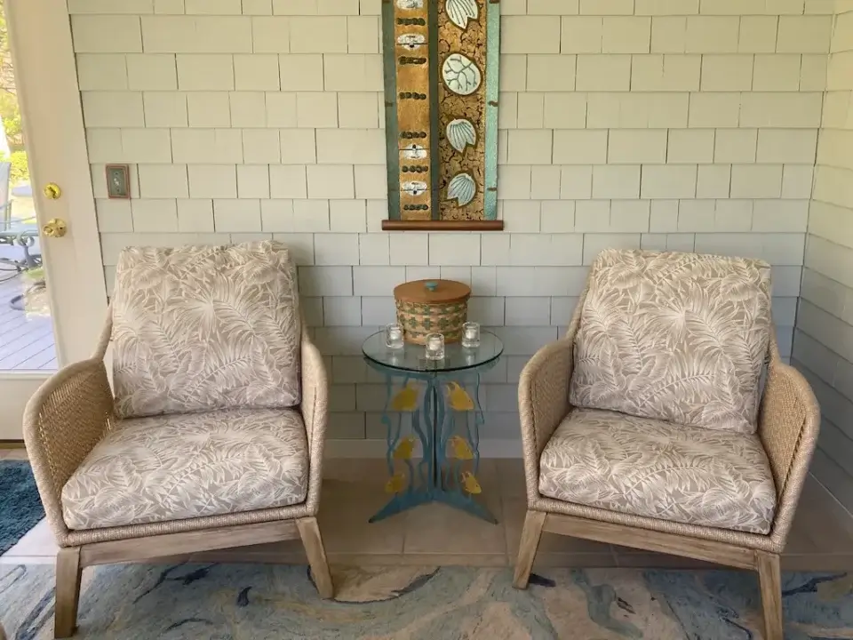 Porch Chairs with loose cushions. Cushions fabricated by Joe Gramm of Cape Cod Upholstery Shop | South Dennis, MA 02660