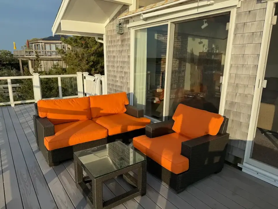 Cape Cod Sunbrella deck chair & loveseat cushions. Cushions fabricated by Joe Gramm of Cape Cod Upholstery Shop | South Dennis, MA 02660