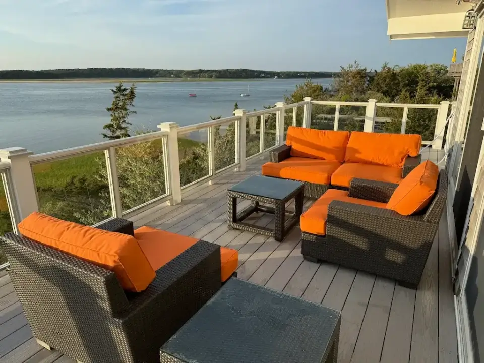 Cape Cod Sunbrella deck chairs & loveseat cushions. Cushions fabricated by Joe Gramm of Cape Cod Upholstery Shop | South Dennis, MA 02660
