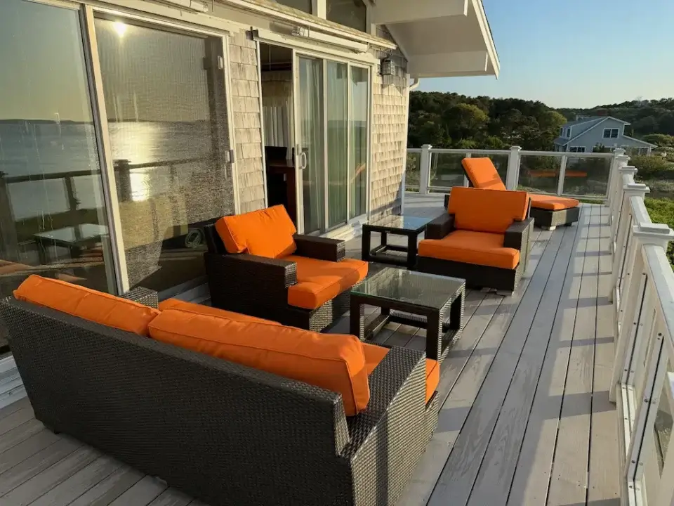 Cape Cod Sunbrella deck chairs, loveseat & chaise lounge cushions. Cushions fabricated by Joe Gramm of Cape Cod Upholstery Shop | South Dennis, MA 02660