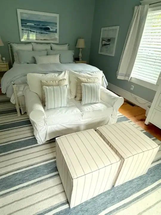 Master Bedroom with throw pillows. Cushions fabricated by Joe Gramm of Cape Cod Upholstery Shop | South Dennis, MA 02660