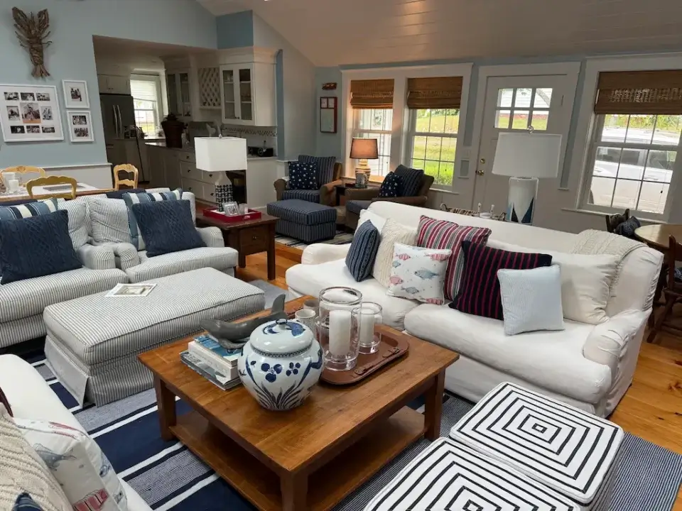 Living room throw pillows galore 1. Cushions fabricated by Joe Gramm of Cape Cod Upholstery Shop | South Dennis, MA 02660