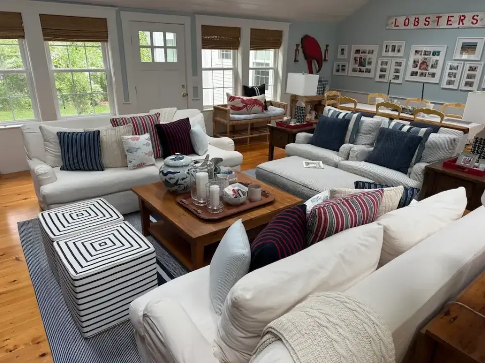 Living room throw pillows galore 2. Cushions fabricated by Joe Gramm of Cape Cod Upholstery Shop | South Dennis, MA 02660