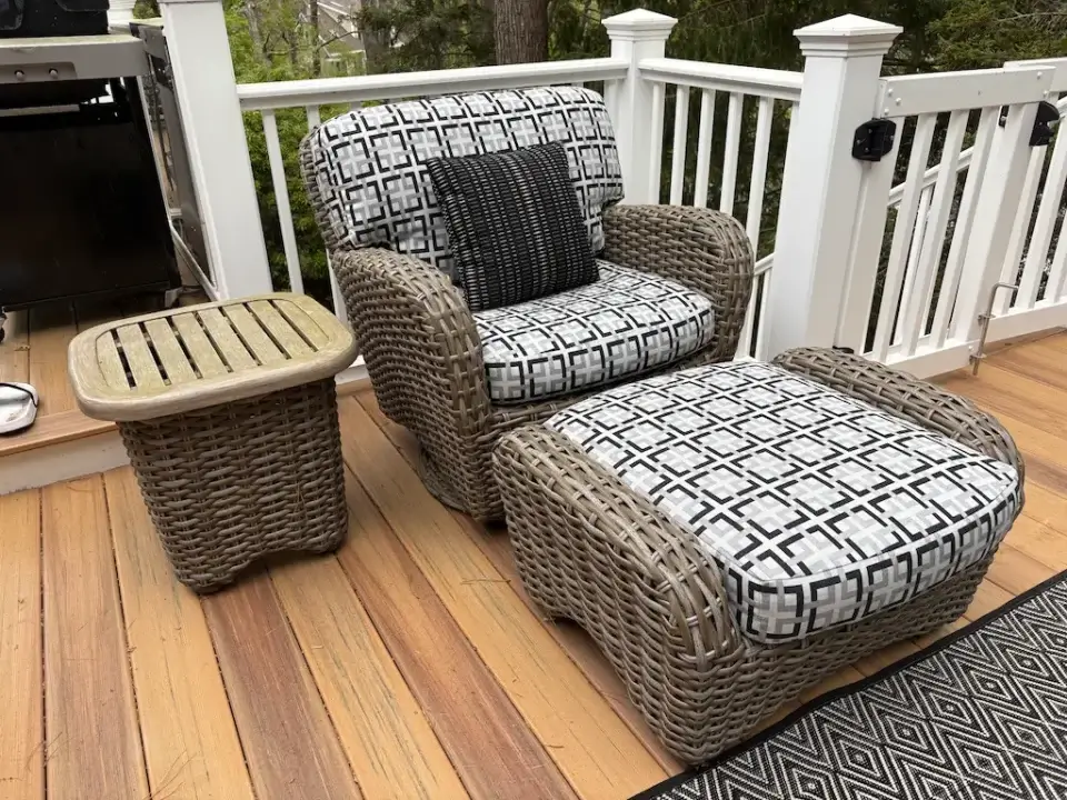 Cape Cod outdoor wicker chair & ottoman with Sunbrella cushions. Cushions fabricated by Joe Gramm of Cape Cod Upholstery Shop | South Dennis, MA 02660