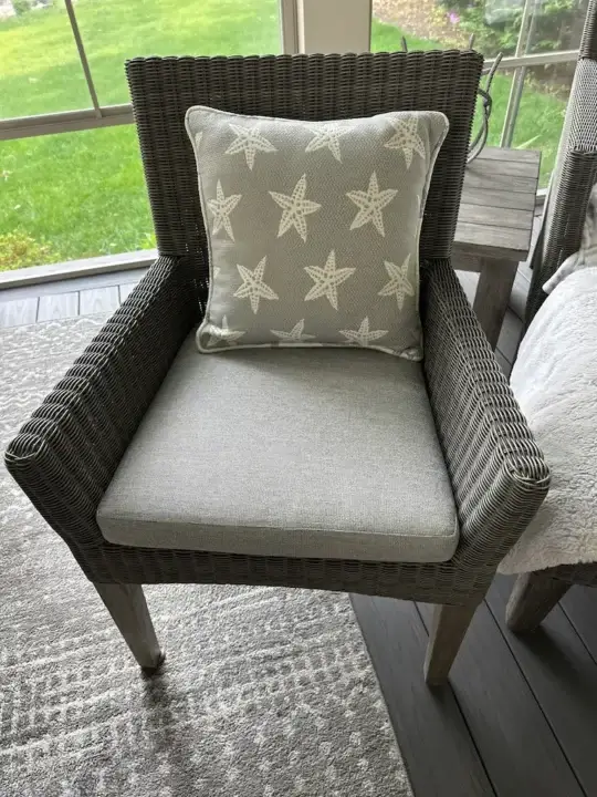Woven Dining chair with loose cushions. Cushions fabricated by Joe Gramm of Cape Cod Upholstery Shop | South Dennis, MA 02660