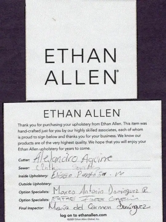 Ethan Allen furniture label from 2009. Cape Cod Upholstery Shop - South Dennis, MA 02660