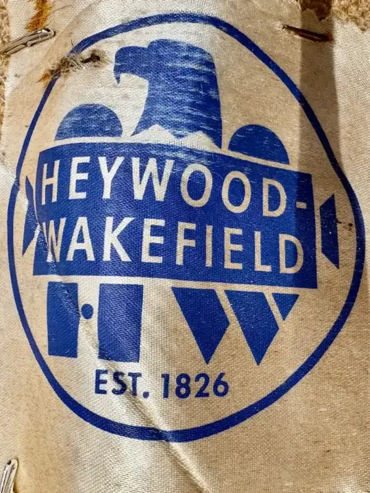 Vintage Heywood Wakefield furniture label. Joe Gramm of Cape Cod Upholstery Shop - South Dennis, MA 02660