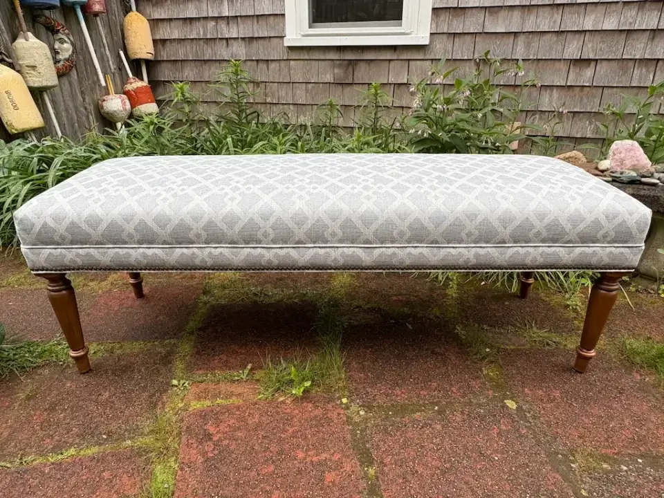 Front view of a 60" Ethan Allen upholstered bench with decorative nail trim. Upholstered by Joe Gramm of Cape Cod Upholstery Shop - South Dennis, MA 02660