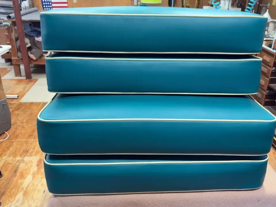 Marine Vinyl camper cushions 1. Cushions fabricated by Joe Gramm of Cape Cod Upholstery Shop | South Dennis, MA 02660