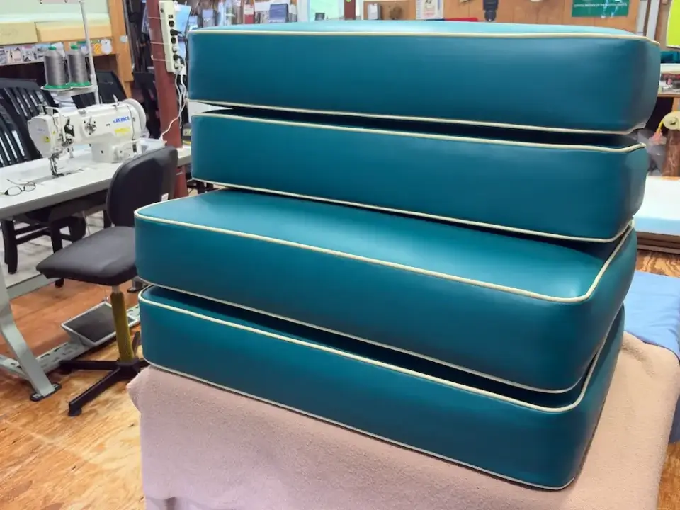 Marine Vinyl camper cushions 2. Cushions fabricated by Joe Gramm of Cape Cod Upholstery Shop | South Dennis, MA 02660