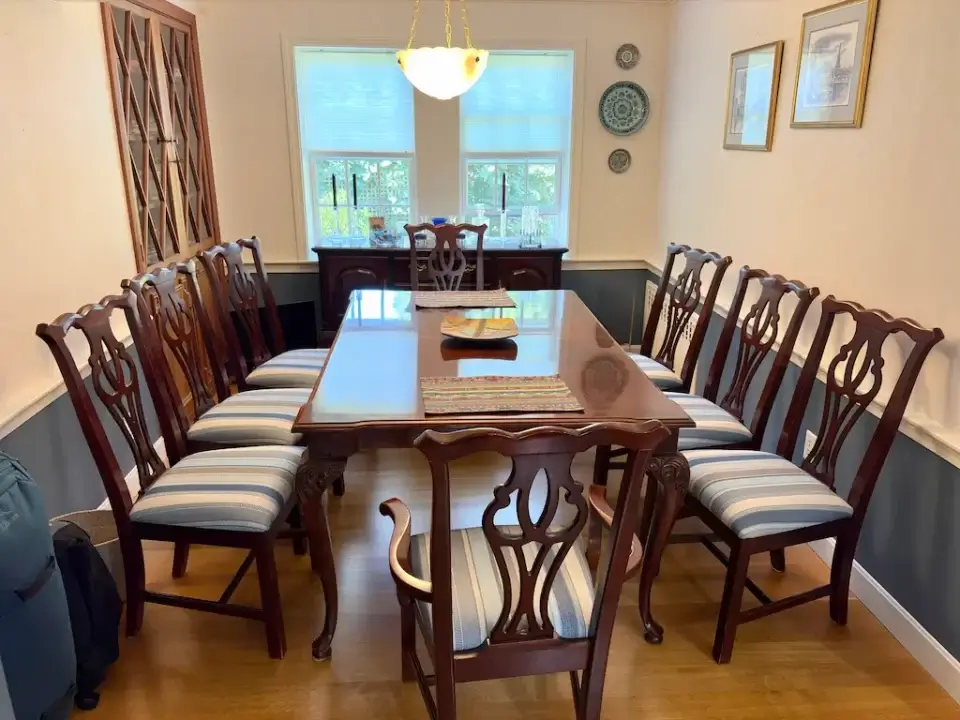 Vintage Thomasville Mahogany Chippendale dining chairs, photo 1. Upholstered by Joe Gramm of Cape Cod Upholstery Shop - South Dennis, MA 02660