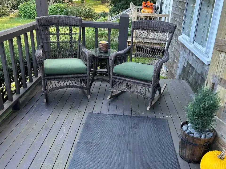 Outdoor wicker with Outdura cushions. Cushions fabricated by Joe Gramm of Cape Cod Upholstery Shop | South Dennis, MA 02660
