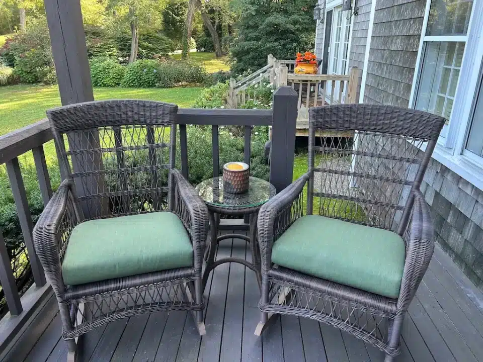 Outdoor wicker with Outdura cushions. Cushions fabricated by Joe Gramm of Cape Cod Upholstery Shop | South Dennis, MA 02660