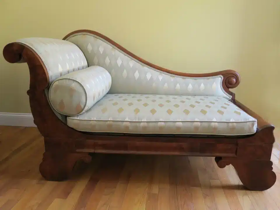 Empire love seat. Upholstered by Joe Gramm of Cape Cod Upholstery Shop - South Dennis, MA 02660