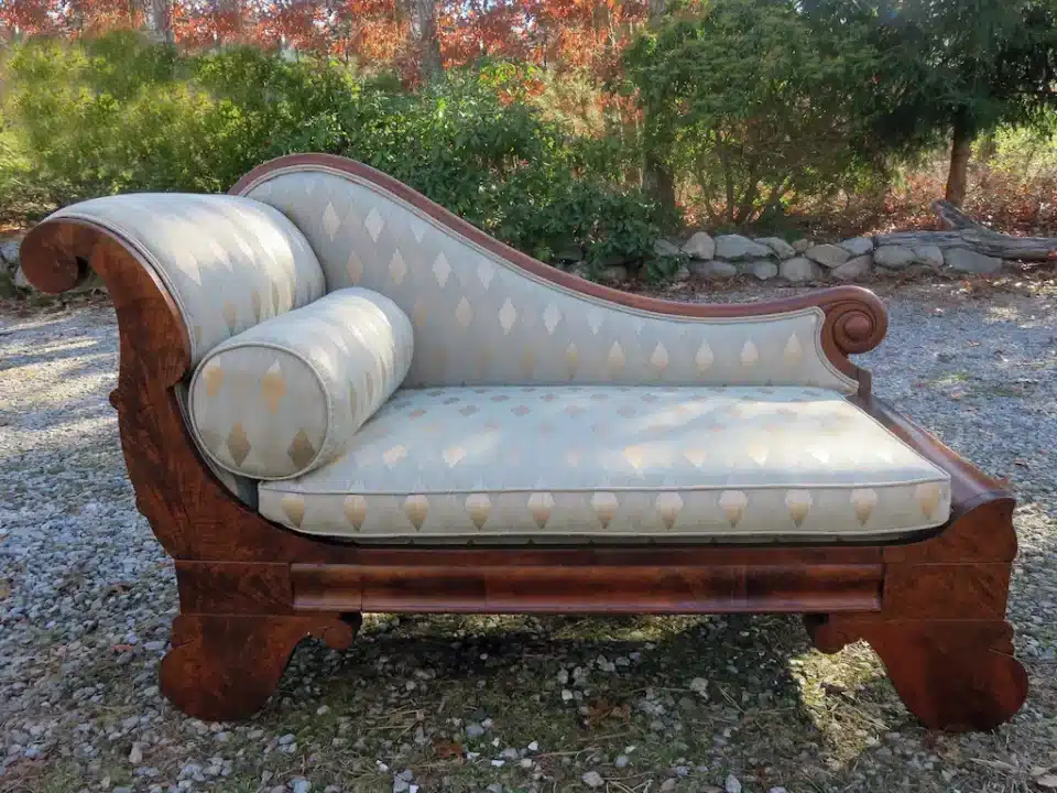 Empire love seat. Upholstered by Joe Gramm of Cape Cod Upholstery Shop - South Dennis, MA 02660