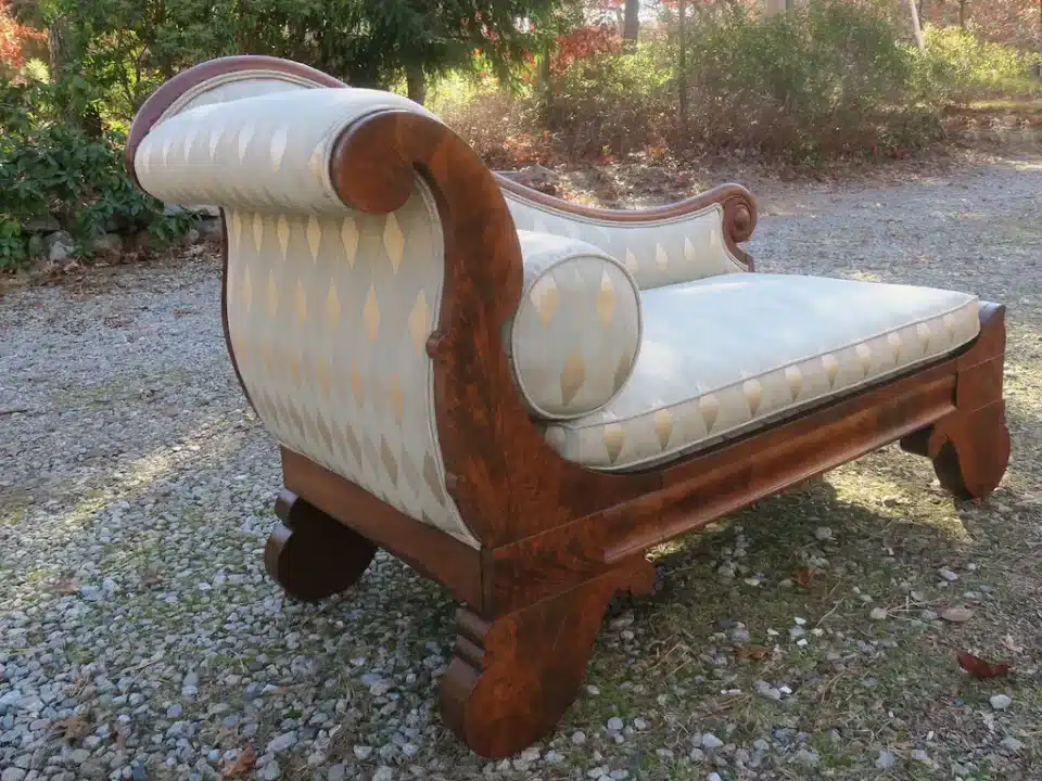 Empire love seat. Upholstered by Joe Gramm of Cape Cod Upholstery Shop - South Dennis, MA 02660