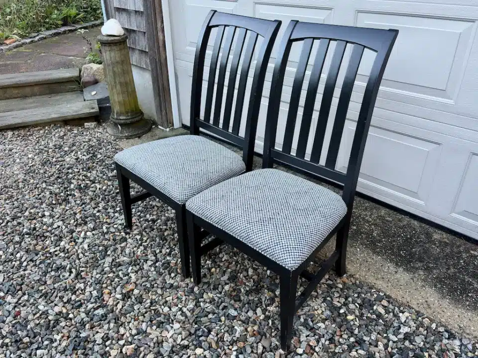 Ethan Allen dining room chair seats upholstered in Sunbrella fabric. Upholstered by Joe Gramm of Cape Cod Upholstery Shop - South Dennis, MA 02660