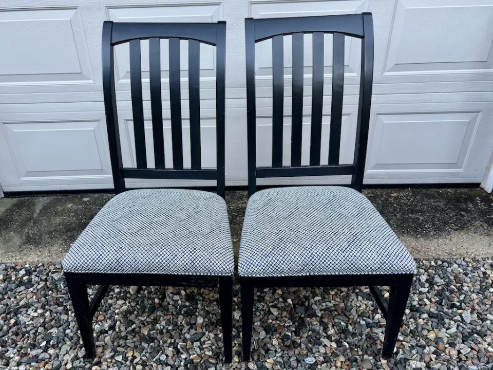 Ethan Allen dining room chair seats upholstered in Sunbrella fabric. Upholstered by Joe Gramm of Cape Cod Upholstery Shop - South Dennis, MA 02660