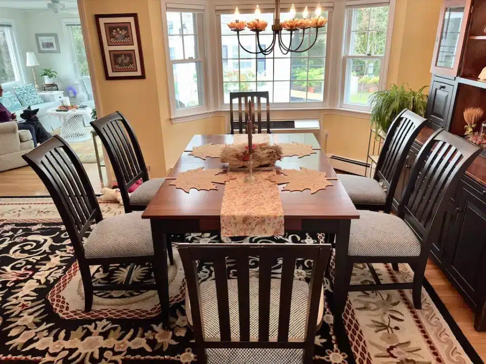 Ethan Allen dining room chair seats upholstered in Sunbrella fabric. Upholstered by Joe Gramm of Cape Cod Upholstery Shop - South Dennis, MA 02660