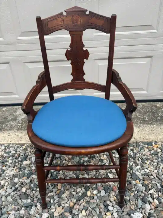 Victorian Eastlake Chair. Upholstered by Joe Gramm of Cape Cod Upholstery Shop - South Dennis, MA 02660