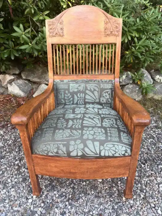 Oak Mission Style Chair. Upholstered by Joe Gramm of Cape Cod Upholstery Shop - South Dennis, MA 02660